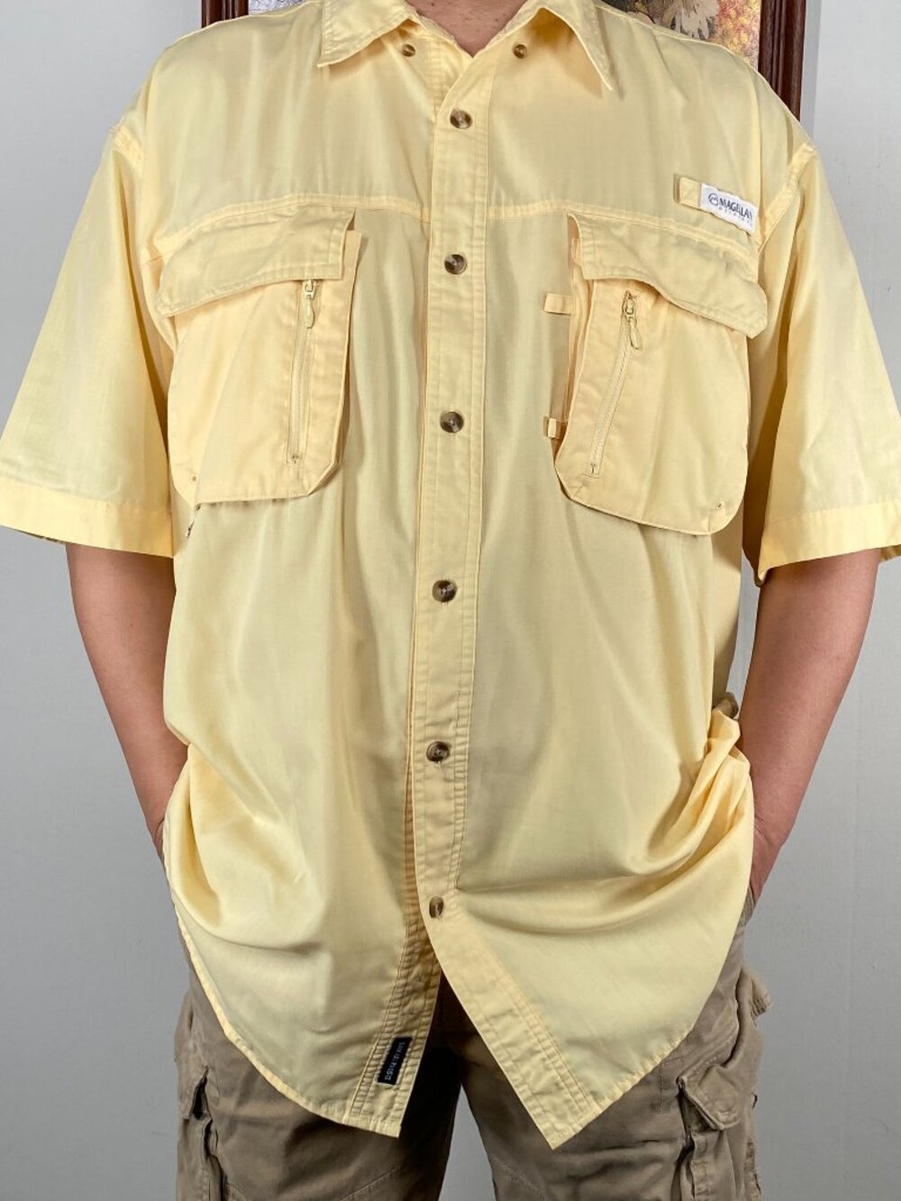 Magellan Fish Gear Button Up Shirt Top Men's XL Yellow Pockets Casual Outdoor